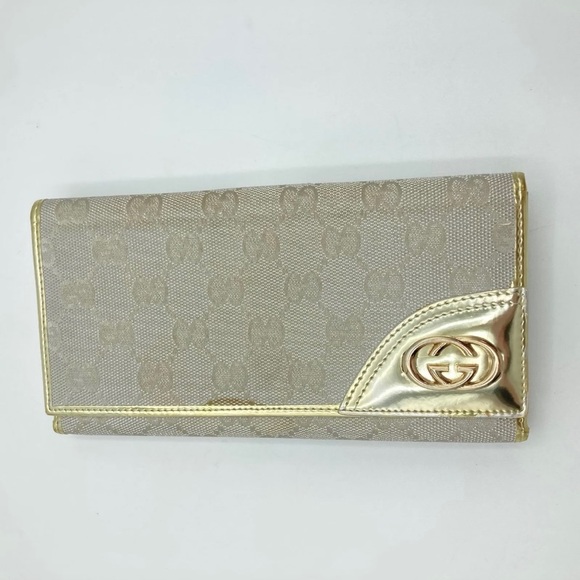 Gucci Handbags - GUCCI Leather Long Wallet Gray Gold Canvas Monogram Interlocking AUTHENTIC